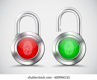 Realistic padlocks with a fingerprint to open them on the red and green display. Template Open-closed. Vector illustration. Set