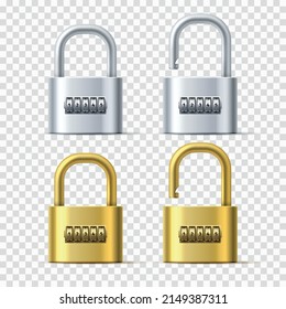 Realistic padlocks. Golden and silver door combination locks. Spinning reels with numbers. Mechanical protective device. Passcode on rotating wheels. Vector 3D interlock