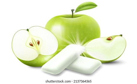 Realistic Pads of bubble gum with green apple flavour. Chewing gums for healthy teeth, fresh breathing and dental hygiene. Refreshing sweet candy, 3d vector isolated on white background.