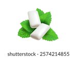 Realistic pads of bubble gum with mint flavour. Green spearmint leaves Chewing gums for healthy teeth. Bubblegum with refreshing menthol extract