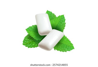 Realistic pads of bubble gum with mint flavour. Green spearmint leaves Chewing gums for healthy teeth. Bubblegum with refreshing menthol extract