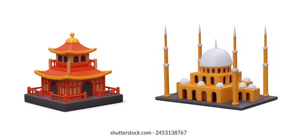 Realistic pagoda and mosque. Religious buildings of different cultures and peoples
