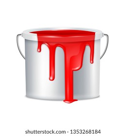 Realistic paint bucket composition metallic with white plastic bucket lid and red paint vector illustration