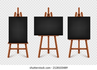 Realistic paint desk with blank black canvas. Wooden easel and a sheet of drawing paper. Presentation board on a tripod. Artwork mockup, template. Vector illustration