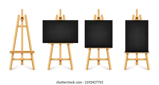 Realistic paint desk with blank black canvas. Wooden easel and a sheet of drawing paper. Presentation board on a tripod. Artwork mockup, template. Vector illustration