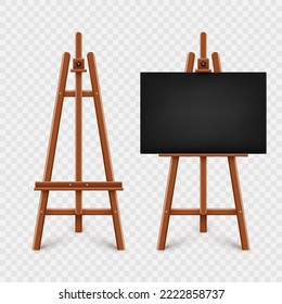 Realistic paint desk with blank black canvas. Wooden easel and a sheet of drawing paper. Presentation board on a tripod. Artwork mockup, template. Vector illustration