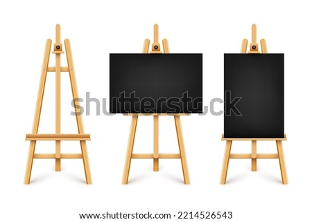 Realistic paint desk with blank black canvas. Wooden easel and a sheet of drawing paper. Presentation board on a tripod. Artwork mockup, template. Vector illustration
