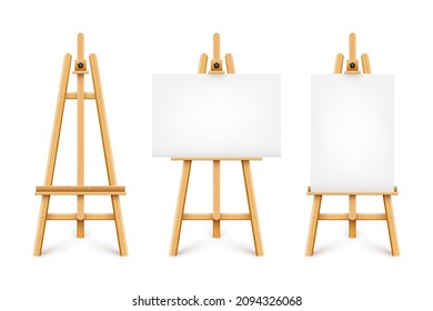 Realistic Paint Desk With Blank White Canvas. Wooden Easel And A Sheet Of Drawing Paper. Presentation Board On A Tripod. Artwork Mockup, Template. Vector Illustration