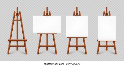 Realistic Paint Desk With Blank White Canvas. Wooden Easel And A Sheet Of Drawing Paper. Presentation Board On A Tripod. Artwork Mockup, Template. Vector Illustration