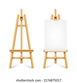 Realistic paint desk with blank white canvas. Wooden easel and a sheet of drawing paper. Presentation board on a tripod. Artwork mockup, template. Vector illustration