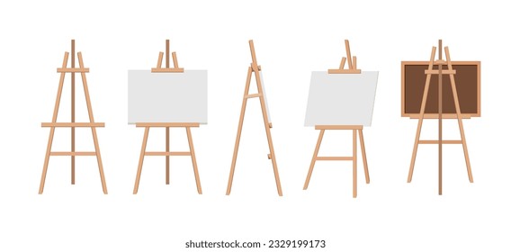 Realistic paint desk with blank white canvas. Wooden easel and a sheet of drawing paper. Vector illustration