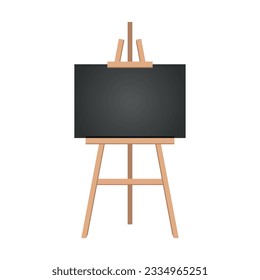 Realistic paint desk with blank white canvas. Wooden easel and a sheet of drawing paper. Vector illustration
