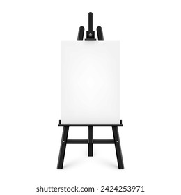 Realistic paint desk with blank white canvas. Black wooden easel and a sheet of drawing paper. Presentation board on a tripod. Artwork mockup, template. Vector illustration
