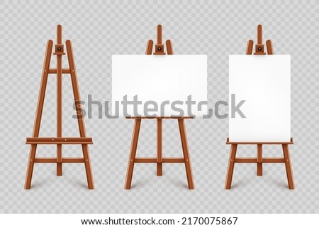 Realistic paint desk with blank white canvas. Wooden easel and a sheet of drawing paper. Presentation board on a tripod. Artwork mockup, template. Vector illustration