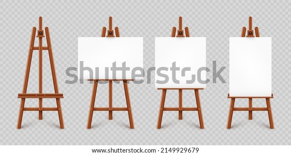Realistic paint desk with\
blank white canvas. Wooden easel and a sheet of drawing paper.\
Presentation board on a tripod. Artwork mockup, template. Vector\
illustration