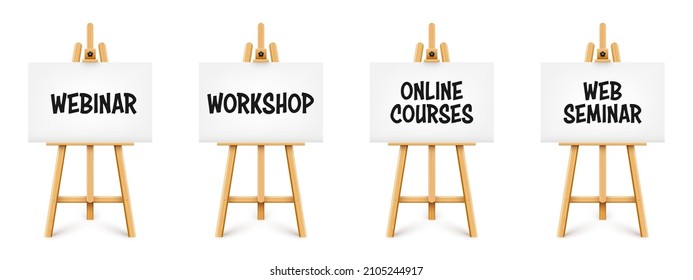 Realistic paint desk with text on white canvas. Wooden easel and a sheet of drawing paper. Presentation board on a tripod. Distance education, online courses and e-learning. Vector illustration