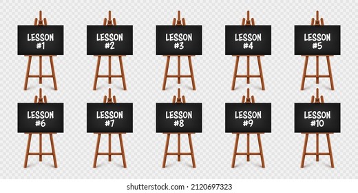 Realistic paint desk with text on black canvas. Wooden easel and a sheet of drawing paper. Presentation board on a tripod. Distance education, online courses and e-learning. Vector illustration