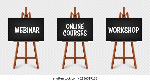 Realistic paint desk with text on black canvas. Wooden easel and a sheet of drawing paper. Presentation board on a tripod. Distance education, online courses and e-learning. Vector illustration