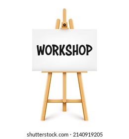 Escritorio de pintura realista con texto sobre lienzo blanco. Asel de madera y papel de dibujo. Tablero de presentación en un trípode. Educación a distancia, cursos en línea y e-learning. Ilustración del vector