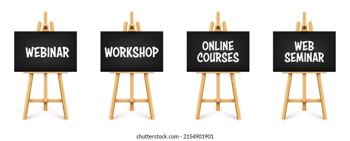 Realistic paint desk with text on black canvas. Wooden easel and a sheet of drawing paper. Presentation board on a tripod. Distance education, online courses and e-learning. Vector illustration