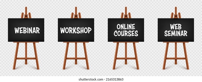 Realistic paint desk with text on black canvas. Wooden easel and a sheet of drawing paper. Presentation board on a tripod. Distance education, online courses and e-learning. Vector illustration