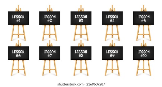 Realistic paint desk with text on black canvas. Wooden easel and a sheet of drawing paper. Presentation board on a tripod. Distance education, online courses and e-learning. Vector illustration