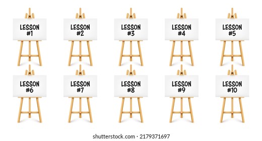 Realistic paint desk with text on white canvas. Wooden easel and a sheet of drawing paper. Presentation board on a tripod. Distance education, online courses and e-learning. Vector illustration