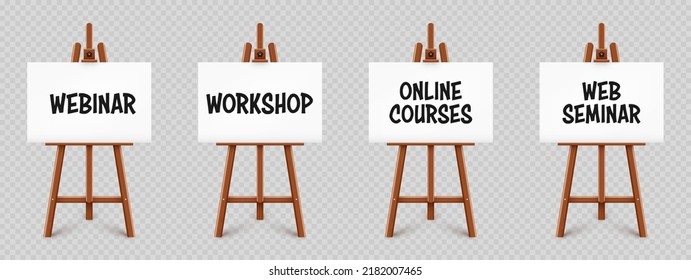 Realistic paint desk with text on white canvas. Wooden easel and a sheet of drawing paper. Presentation board on a tripod. Distance education, online courses and e-learning. Vector illustration