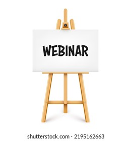 Realistic paint desk with text on white canvas. Wooden easel and a sheet of drawing paper. Presentation board on a tripod. Distance education, online courses and e-learning. Vector illustration