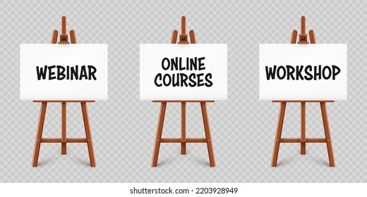 Realistic paint desk with text on white canvas. Wooden easel and a sheet of drawing paper. Presentation board on a tripod. Distance education, online courses and e-learning. Vector illustration