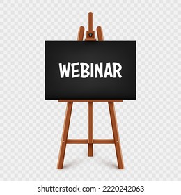Realistic paint desk with text on black canvas. Wooden easel and a sheet of drawing paper. Presentation board on a tripod. Distance education, online courses and e-learning. Vector illustration