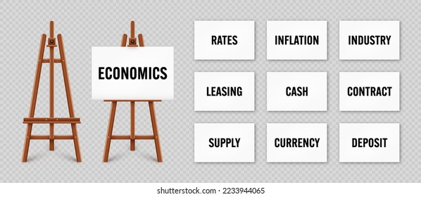 Realistic paint desk with text on white canvas. Wooden easel and a sheet of drawing paper. Presentation board on a tripod. Business investment, economics and finance. Vector illustration