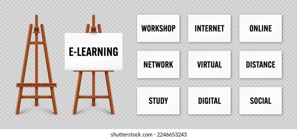 Realistic paint desk with text on white canvas. Wooden easel and a sheet of drawing paper. Presentation board on a tripod. Online studying, e-learning and education, web tutorial. Vector illustration
