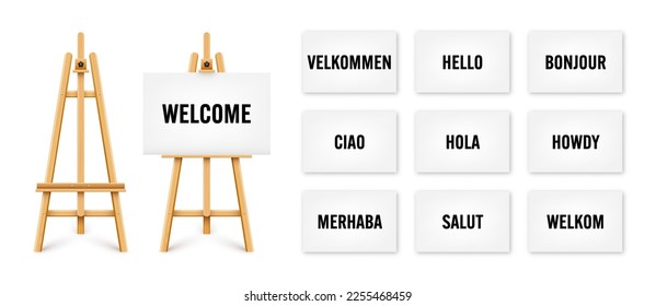 Realistic paint desk with text on white canvas. Wooden easel and a sheet of drawing paper. Presentation board on a tripod. You are welcome, greetings and respects. Vector illustration