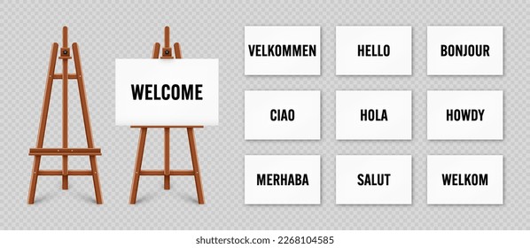 Realistischer Farbschreibtisch mit Text auf weißer Leinwand. hölzerner Aal und ein Blatt Papier. Darstellungsbrett auf einem Stativ. Sie sind willkommen, Grüße und Respekt. Vektorgrafik