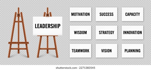 Realistic paint desk with text on white canvas. Wooden easel and a sheet of drawing paper. Presentation board on a tripod. Leadership and success, goals achievement. Vector illustration