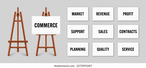 Realistic paint desk with text on white canvas. Wooden easel and a sheet of drawing paper. Presentation board on a tripod. Business investment, economics and finance. Vector illustration