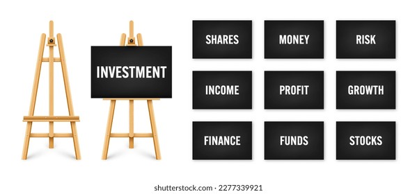 Realistic paint desk with text on black canvas. Wooden easel and a sheet of drawing paper. Presentation board on a tripod. Business investment, economics and finance. Vector illustration