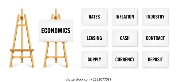 Escritorio de pintura realista con texto sobre lienzo blanco. Asel de madera y papel de dibujo. Tablero de presentación en un trípode. Inversión empresarial, economía y finanzas. Ilustración del vector