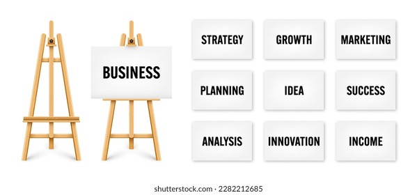 Realistic paint desk with text on white canvas. Wooden easel and a sheet of drawing paper. Presentation board on a tripod. Business investment, economics and finance. Vector illustration