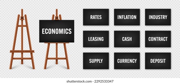 Realistic paint desk with text on black canvas. Wooden easel and a sheet of drawing paper. Presentation board on a tripod. Business investment, economics and finance. Vector illustration