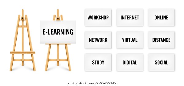 Realistic paint desk with text on white canvas. Wooden easel and a sheet of drawing paper. Presentation board on a tripod. Online studying, e-learning and education, web tutorial. Vector illustration