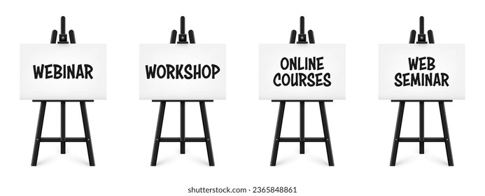 Realistic paint desk with text on white canvas. Black wooden easel and a sheet of drawing paper. Presentation board on a tripod. Distance education, online courses and e-learning. Vector illustration