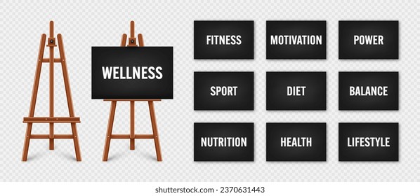 Realistic paint desk with text on black canvas. Wooden easel and a sheet of drawing paper. Presentation board on a tripod. Wellness, healthy lifestyle and motivation. Vector illustration