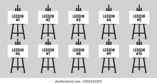 Escritorio de pintura realista con texto sobre lienzo blanco. El caballete de madera negra y una hoja de papel pintado. Tablero de presentación en un trípode. Educación a distancia, cursos en línea y e-learning. Ilustración del vector