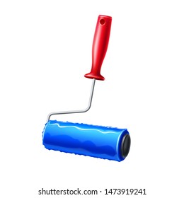 Realistic paint roller with blue liquid paint at roll. Vector wall painter tool for renovation and redecoration. Wall decorating equipment. House work design.