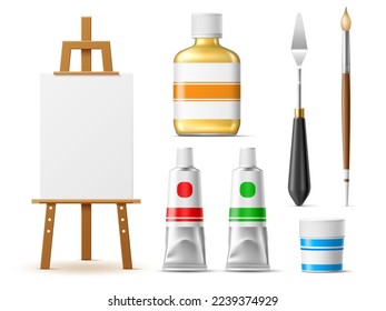 Realistic painter tools  Art supplies   equipments  oil   solvent  gouache jar   paintbrush  palette knife   easel and canvas  3d isolated elements  artist instrument utter vector set