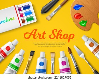 Realistic painter tools. Artistic materials and accessories, hobby and creative profession supplies, watercolor and oil drawing, 3d isolated elements, frame or banner, utter vector concept