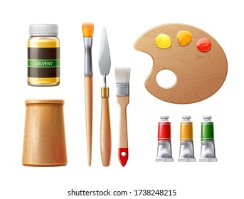 Realistic painter tools set. Oil paint tubes, brushes and palette knife with solvent bottle . Creative artist tools concept. Actylic painter colorful instruments. Vector elements.