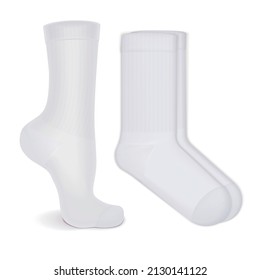 Realistic pair of white mid calf knitted wool socks and sock worn on leg isolated vector illustration